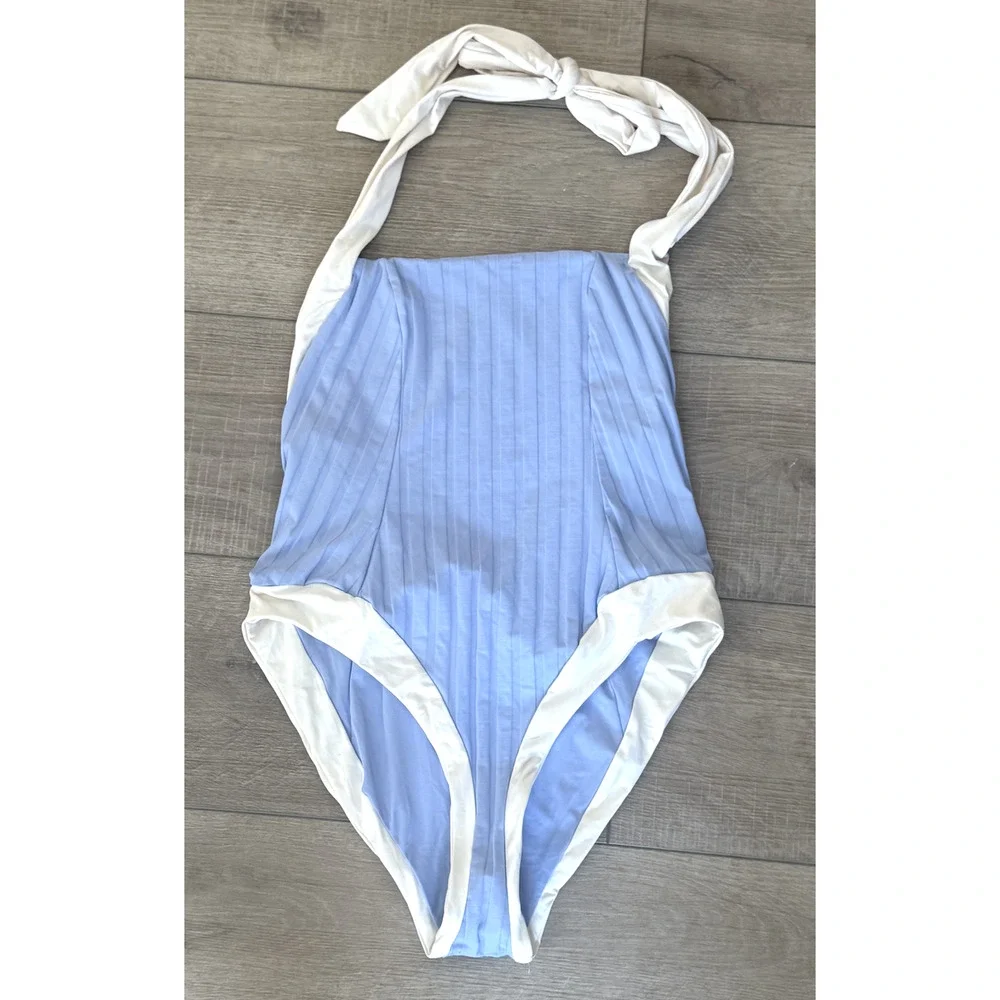 NEW KYA FREE PEOPLE PERIWINKLE VANILLA RIBBED ROSIE ONE PIECE SWIMSUIT SZ M